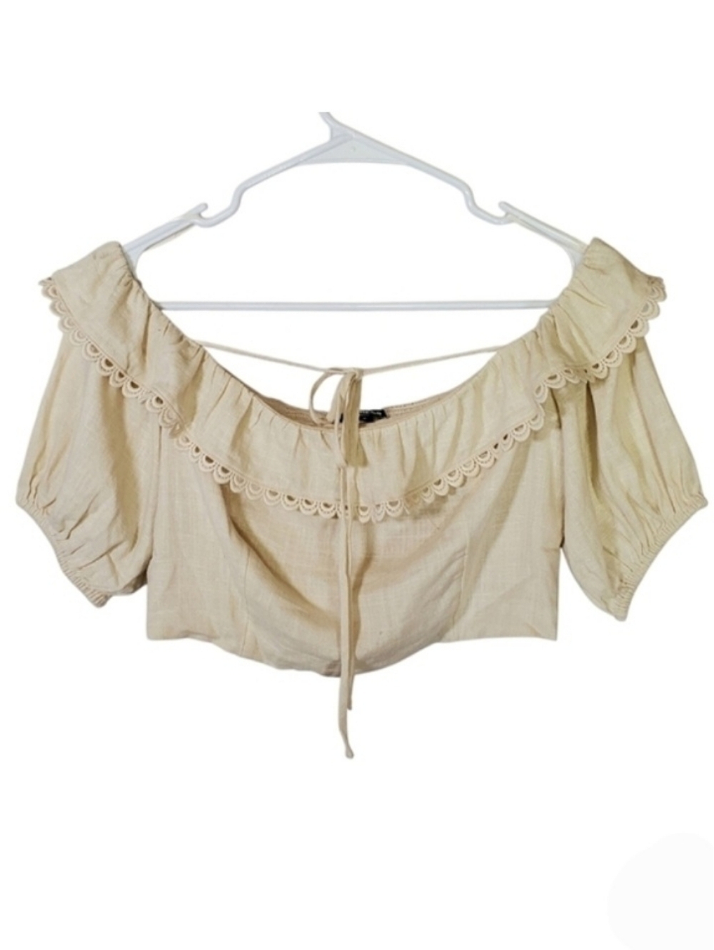 2212 * Express Off The Shoulder Lace Trim Crop Top Linen Blend Cream Size M